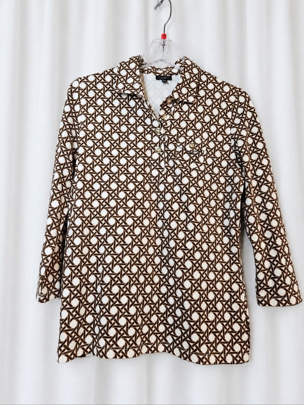 Talbots Brown White Geometric Print Gold Button Collared Pullover Preppy Blouse